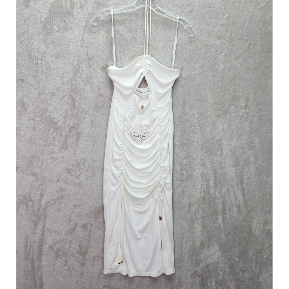 Angel Biba Dress Womens Small‎ White Ruched Bodycon Midi Dress Cut Out Backless